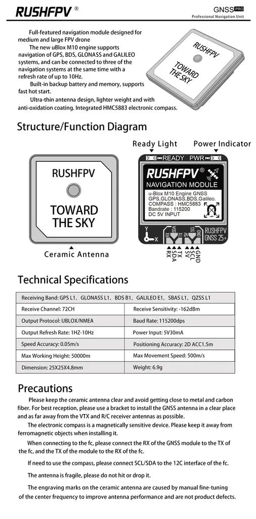 Módulo GPS GNSS RUSHFPV M10 Micro Pro Mini (10Hz, Antena Cerámica Integrada) para Drones RC FPV Freestyle