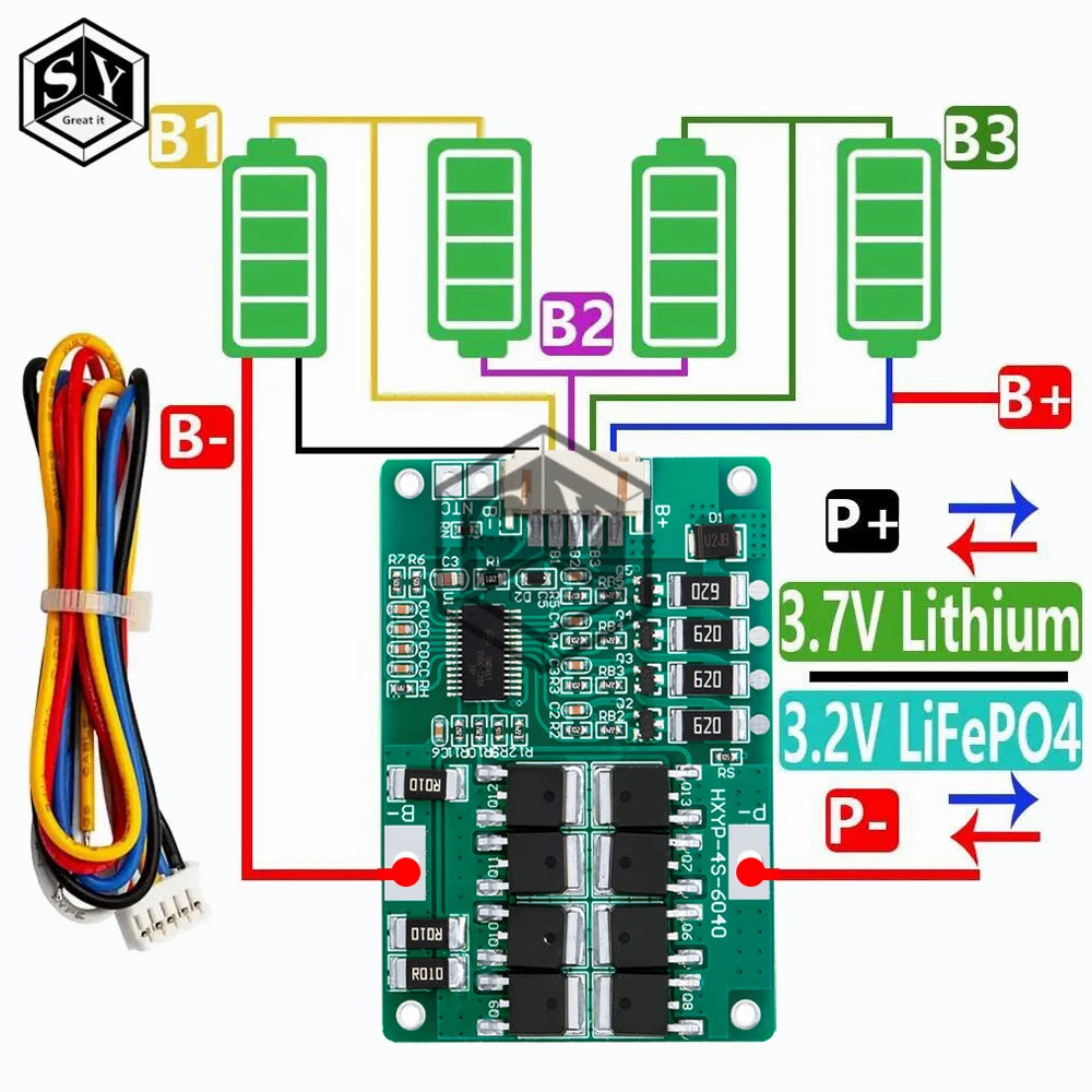4S 3.2V/3.7V 18650 20A Lifepo4 Battery Balanced BMS board with balanced With cable