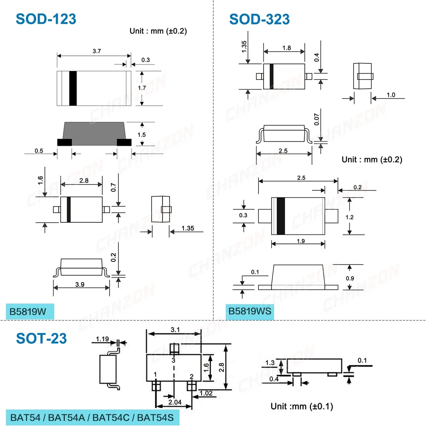 Diodo Rectificador Schottky SMD - Varios Tipos (B5819W, BAT54 series) 30V/40V 200mA/1A - Lote 100 Piezas