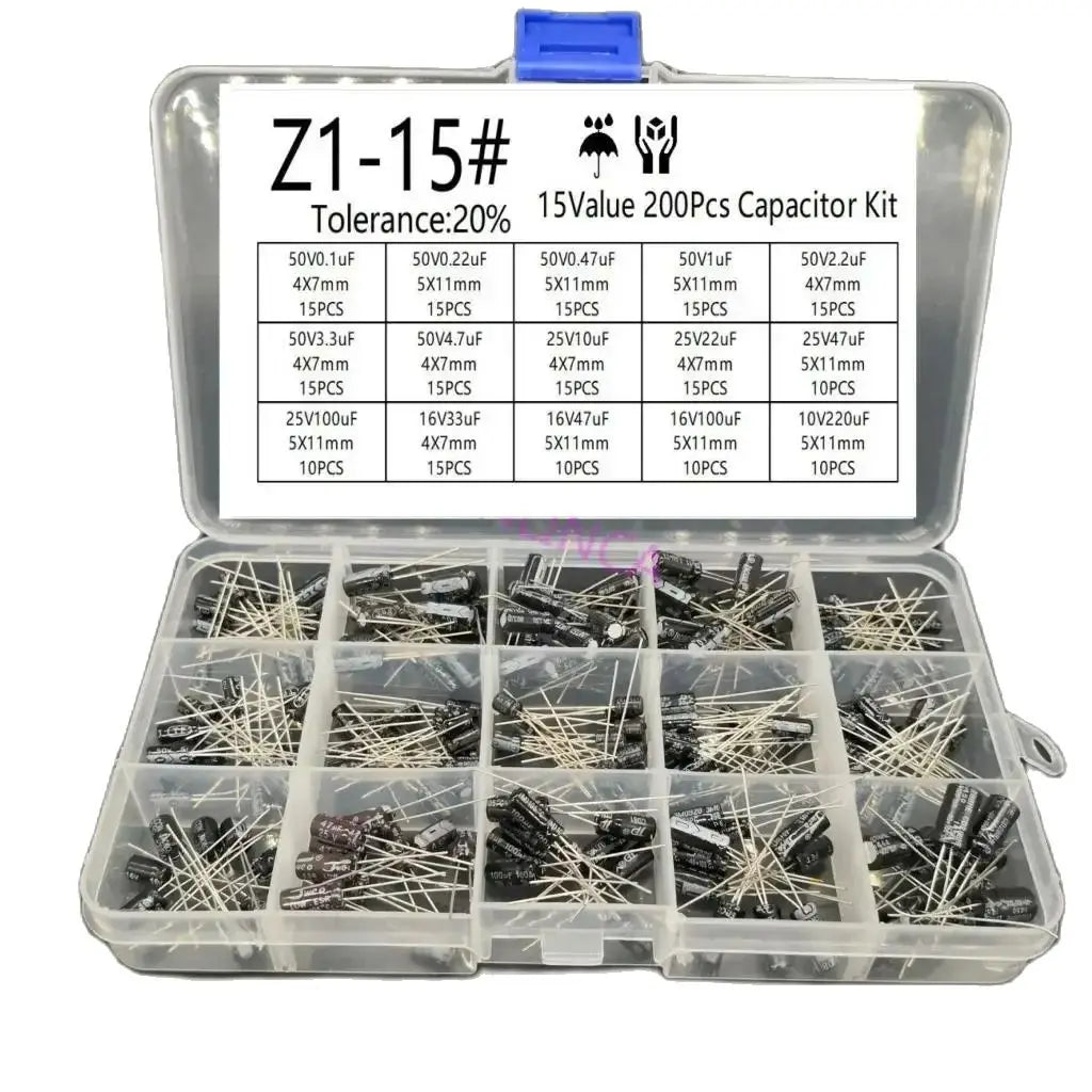 Kit Surtido Capacitores Electrolíticos Radiales 15 Valores (10V-50V, 0.1uF-220uF) (Lote 200 Unidades)