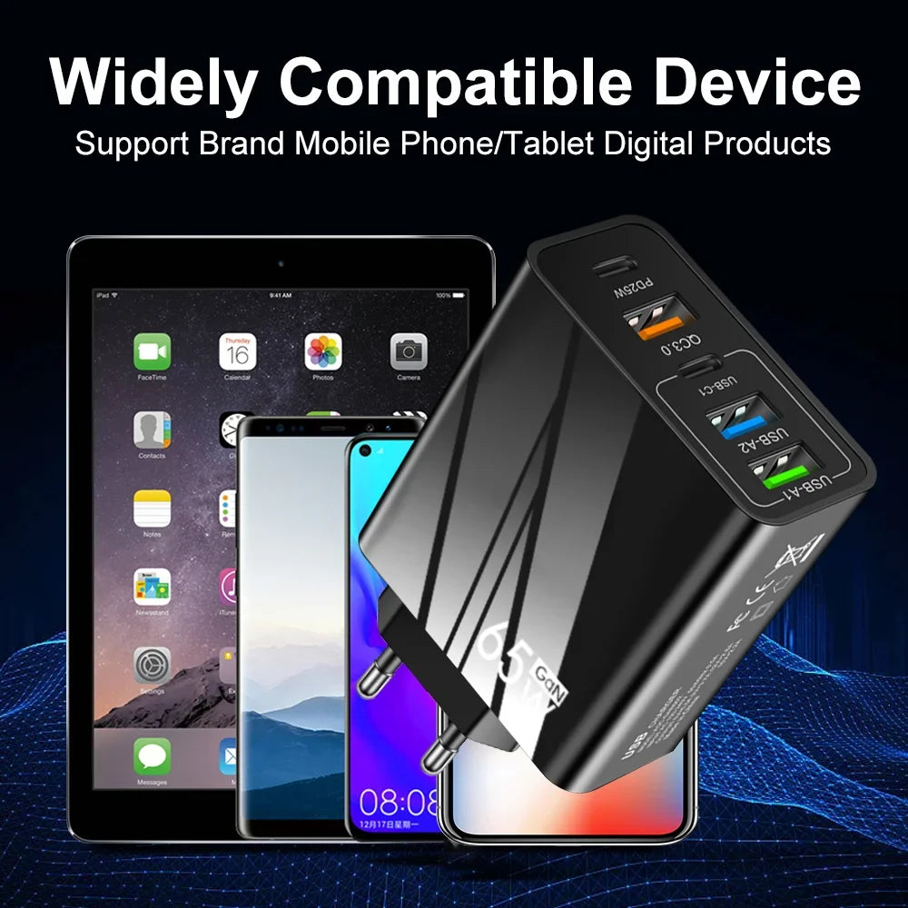 Cargador Pared Rápido 65W (PD + 3 USB-A 3.1A) Adaptador Viaje Multi-Interfaz Enchufe EU/US para Samsung/Xiaomi/iPhone