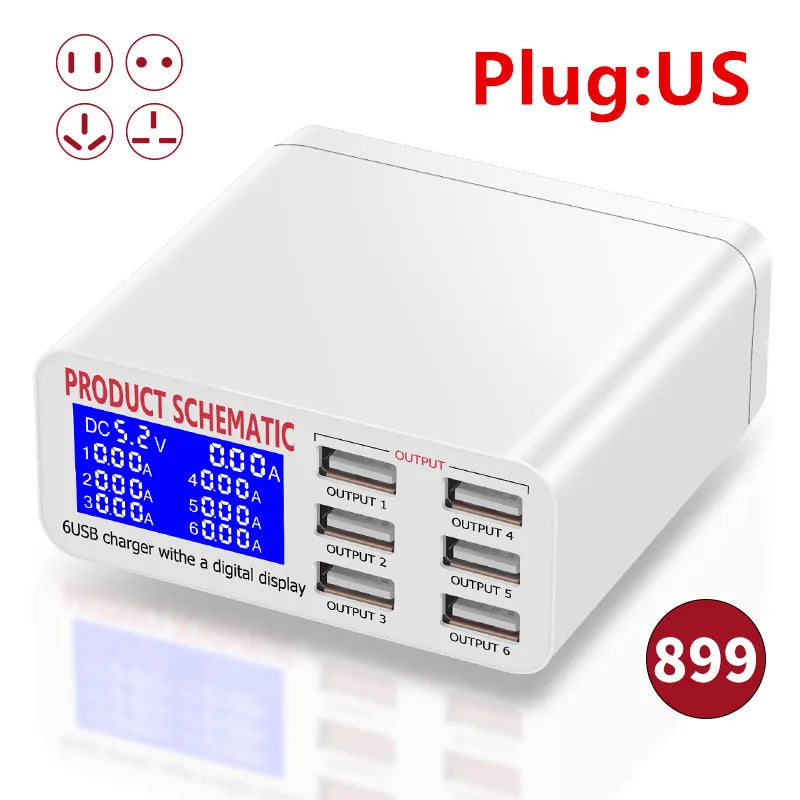 Hub Cargador USB 6 Puertos Carga Rápida con Pantalla LED (Voltaje/Corriente)