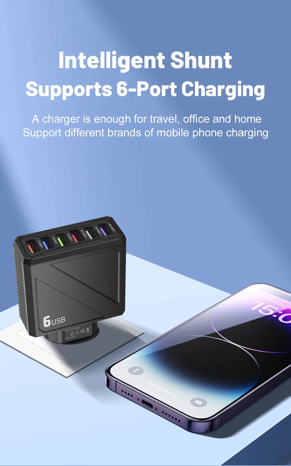 Cargador Pared USB 6 Puertos 3.1A Carga Rápida Adaptador Móvil para iPhone/Samsung/Xiaomi/Huawei