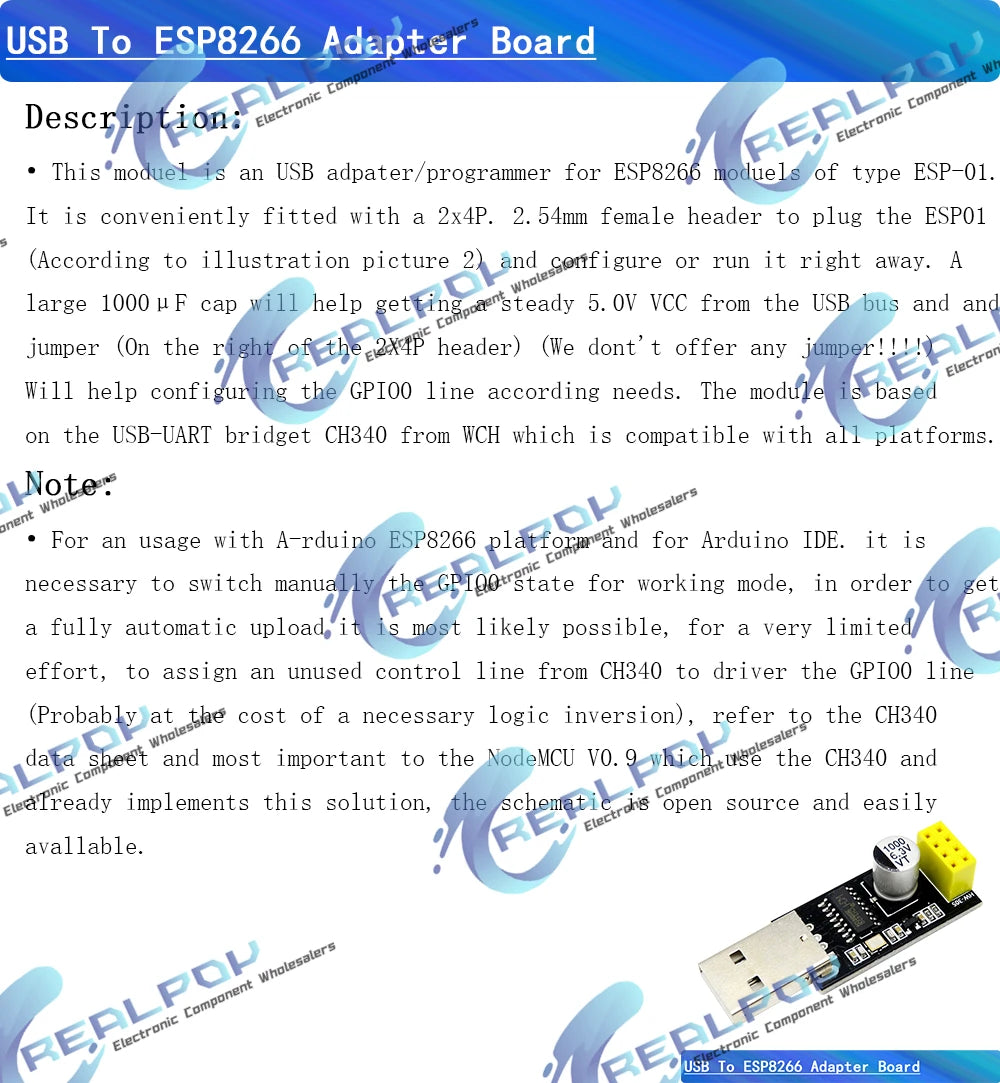 Adaptador Programador ESP-01 / ESP-01S UART GPIO0 CH340G USB a ESP8266 Serial WiFi Placa Desarrollo