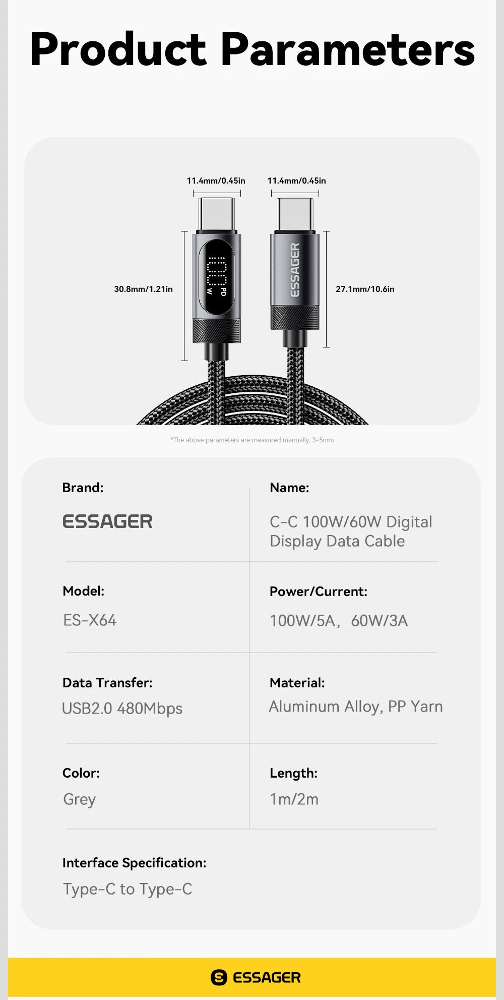 Cable Essager USB-C a Tipo C PD 100W Carga Rápida con Pantalla Digital para iPhone 15/16/Xiaomi/Huawei/Macbook/iPad