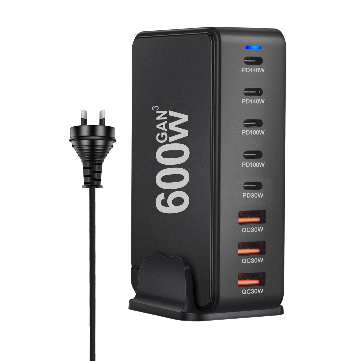 Cargador GaN Rápido 600W 8 Puertos (5 USB-C PD + 3 USB-A QC 3.0?) Portátil para Móvil/Tablet