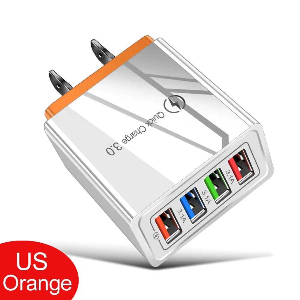 Cargador Pared USB 4 Puertos Quick Charge 3.0 Carga Rápida para iPhone 15/14/Samsung/Xiaomi (Enchufe EU/US)