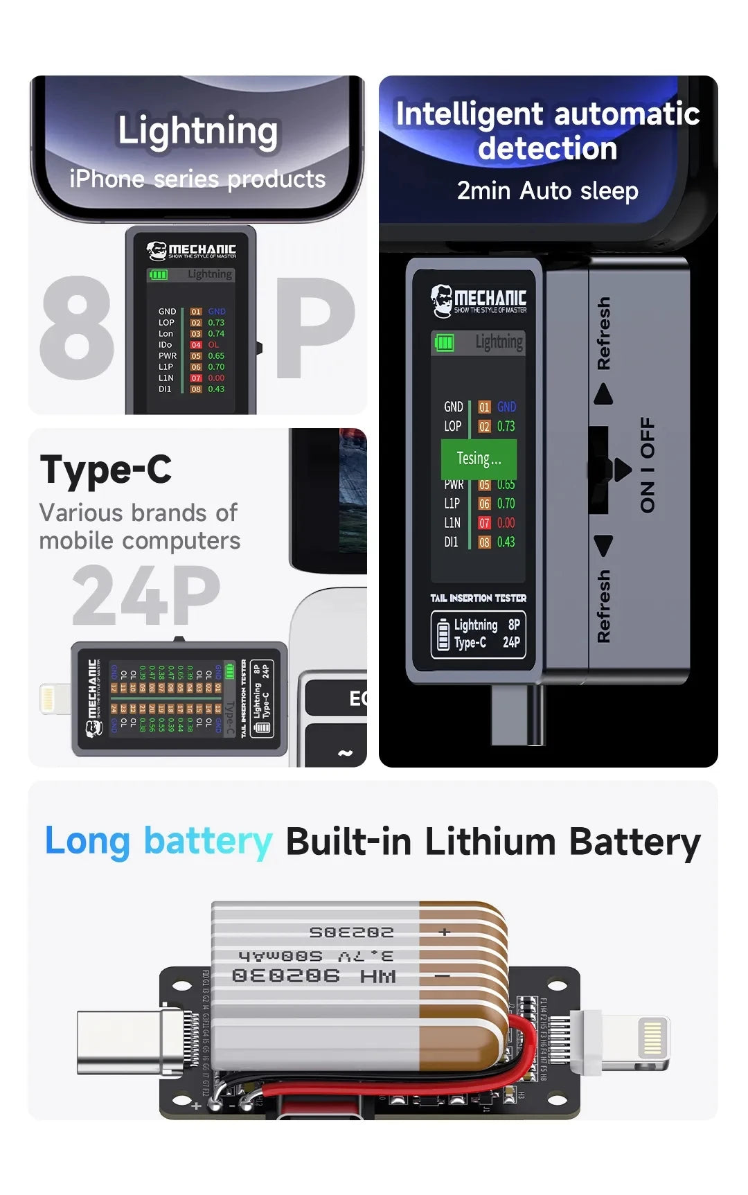 Tester Precisión Inserción Trasera Mechanic T-824 - Corriente y Potencia Digital (Tipo-C/Lightning)