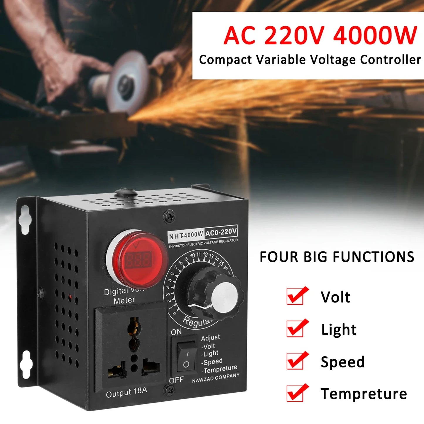 Regulador Voltaje AC 220V 4000W SCR Dimmer Ajustable Velocidad/Temperatura/Luz Compacto
