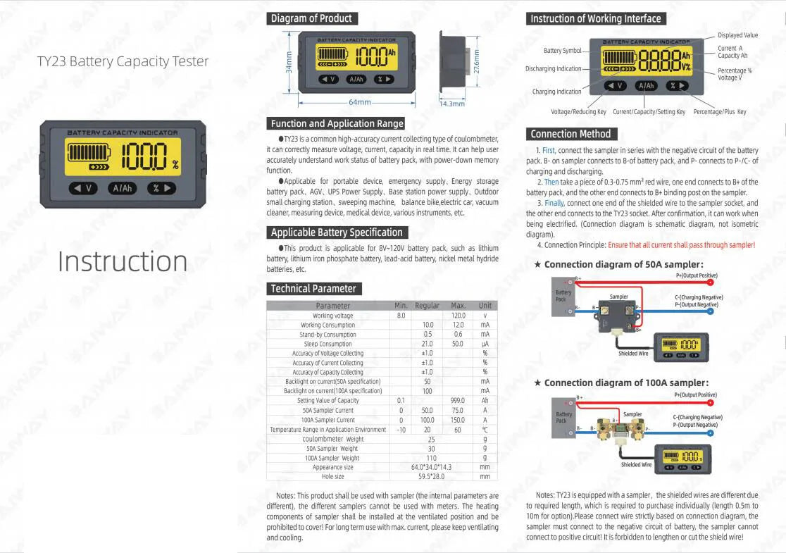 Monitor Batería (Coulombímetro) 50A/100A - Tester Capacidad (Plomo-Ácido/LiFePO4/Li-ion) 12V-60V