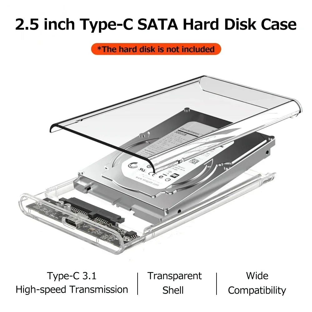 Carcasa Externa USB 3.0/Tipo C para Disco Duro HDD/SSD SATA 2.5" (UASP, Transparente, Portátil, Tool-Free)