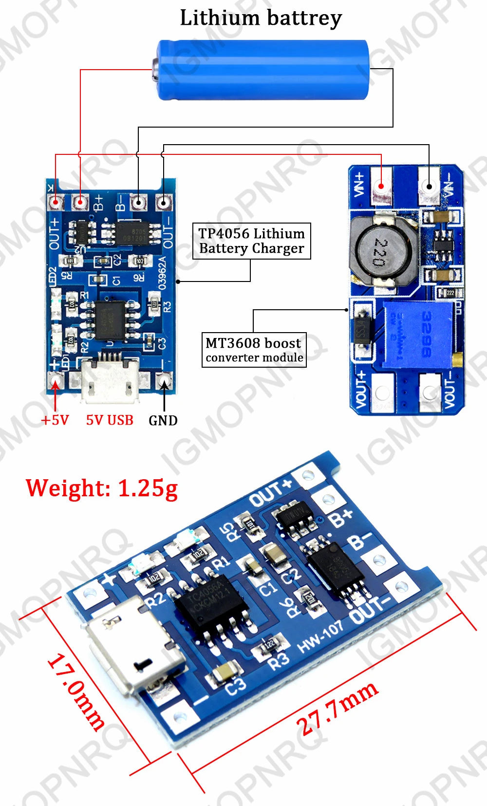 Lote 5 Pcs Módulo Cargador Batería Litio 18650 TP4056 Micro USB 5V 1A con Protección Dual