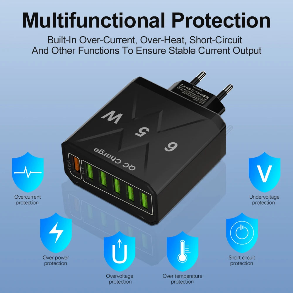 Adaptador Cargador Viaje Rápido USB 3.1A 6 en 1 Multi-Enchufe QC3.0 para iPhone 12/13/Samsung/Xiaomi