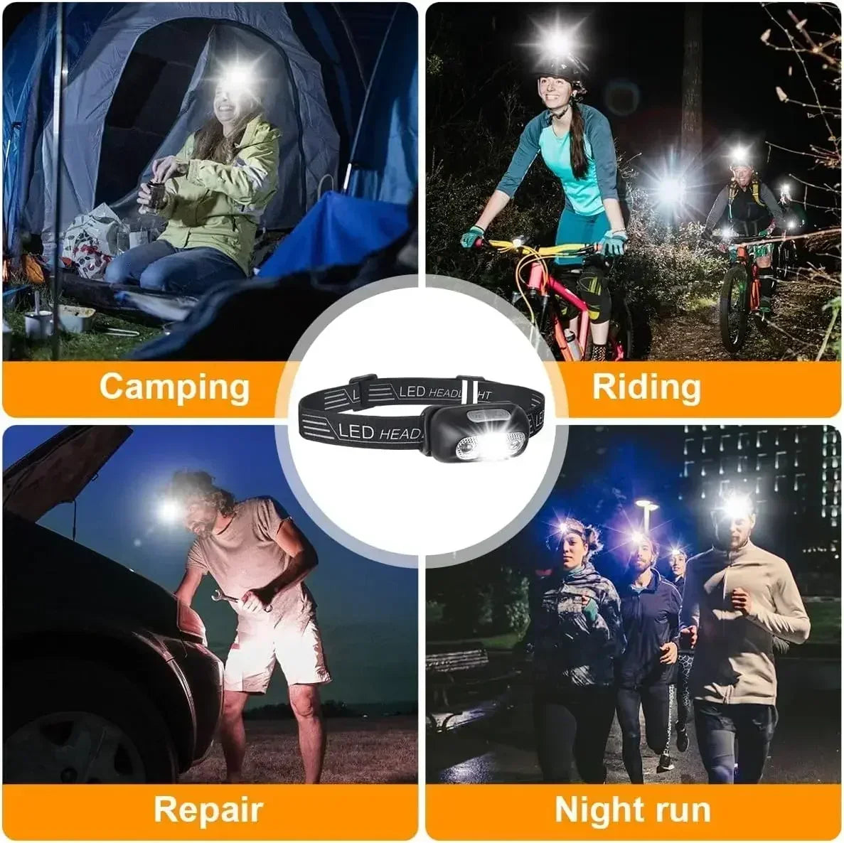 Linterna Frontal LED Portátil Luz Fuerte con Sensor (Recargable USB) para Camping Exterior/Pesca/Emergencia