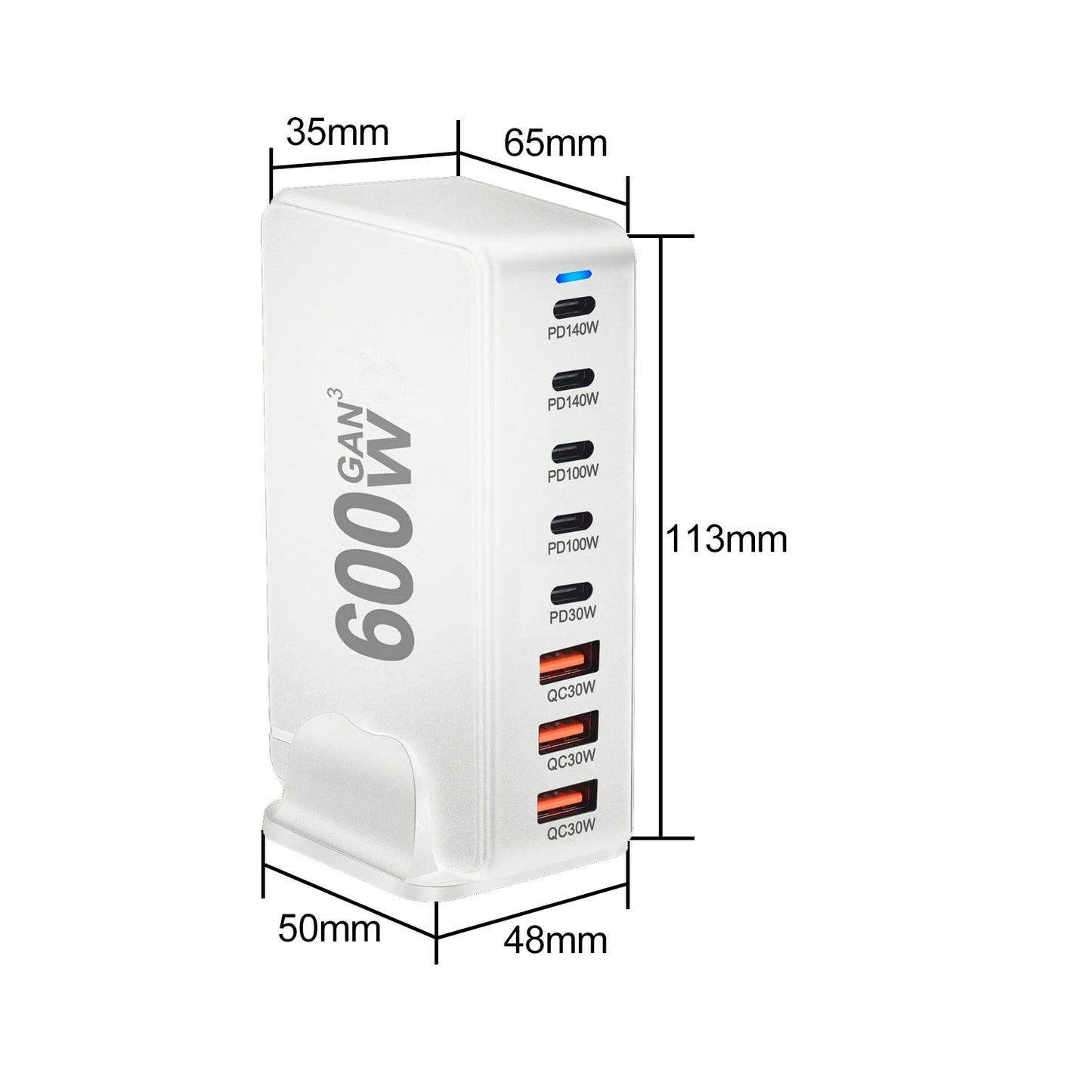 Cargador GaN Rápido 600W 8 Puertos (5 USB-C PD + 3 USB-A QC 3.0?) Portátil para Móvil/Tablet