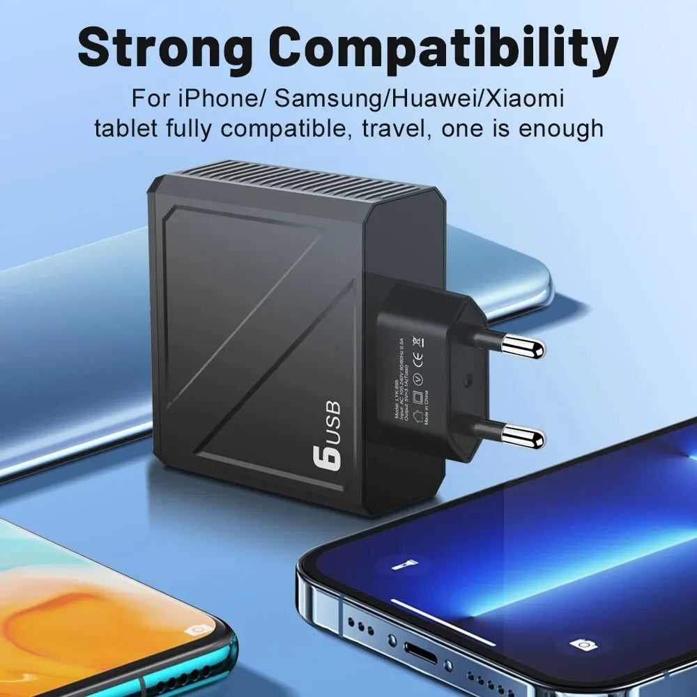 Cargador Pared USB 6 Puertos 3.1A Carga Rápida Adaptador Móvil para iPhone/Samsung/Xiaomi/Huawei