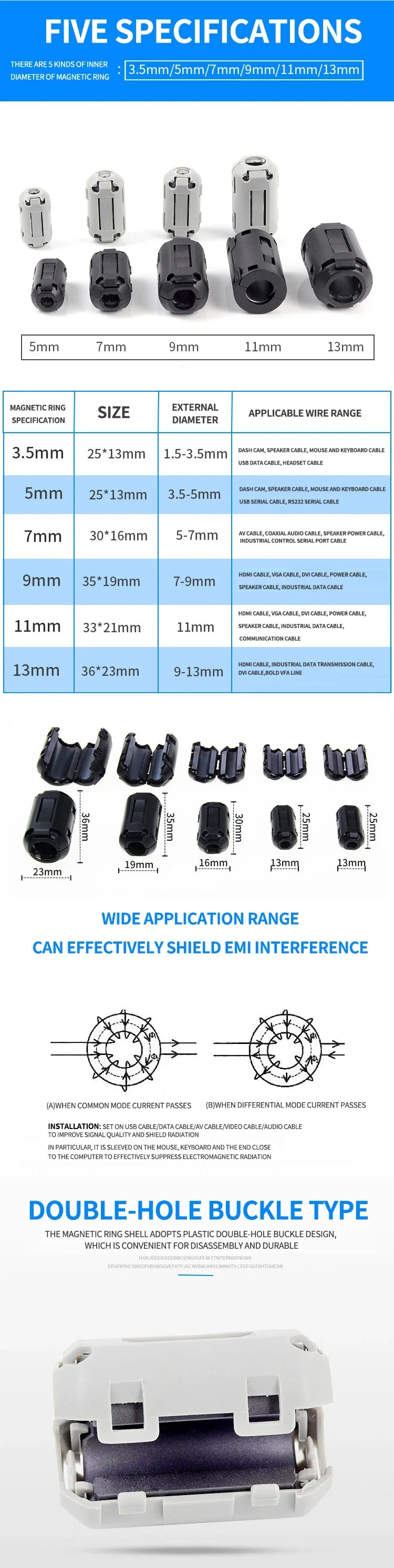 Filtro Ferrita Clip Snap Anti-Interferencia EMI/RFI Negro - Varios Diámetros (3.5mm a 15mm) - Lote 20-100 Piezas
