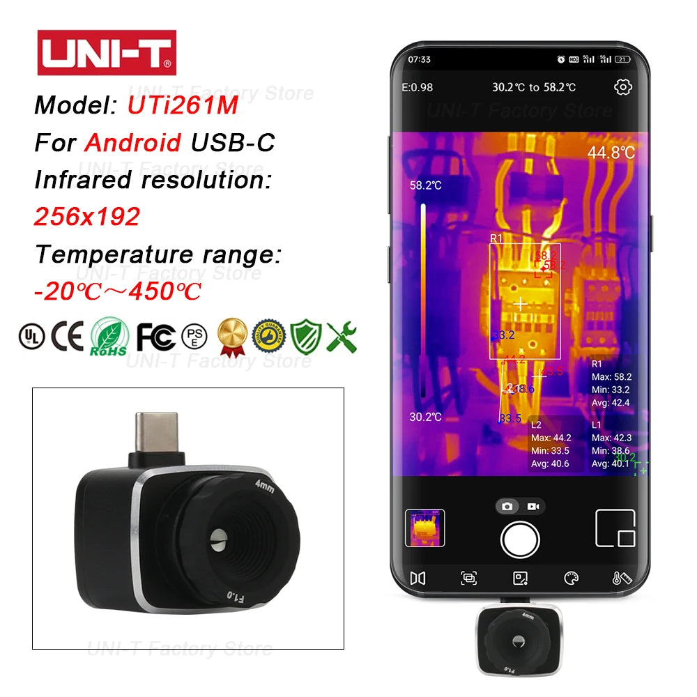 Cámara Térmica UNI-T (UTi120Mobile/UTi120MS/UTi256M/UTi260M/UTi261M) - Termógrafo Infrarrojo Móvil (No iPhone, Tipo C)