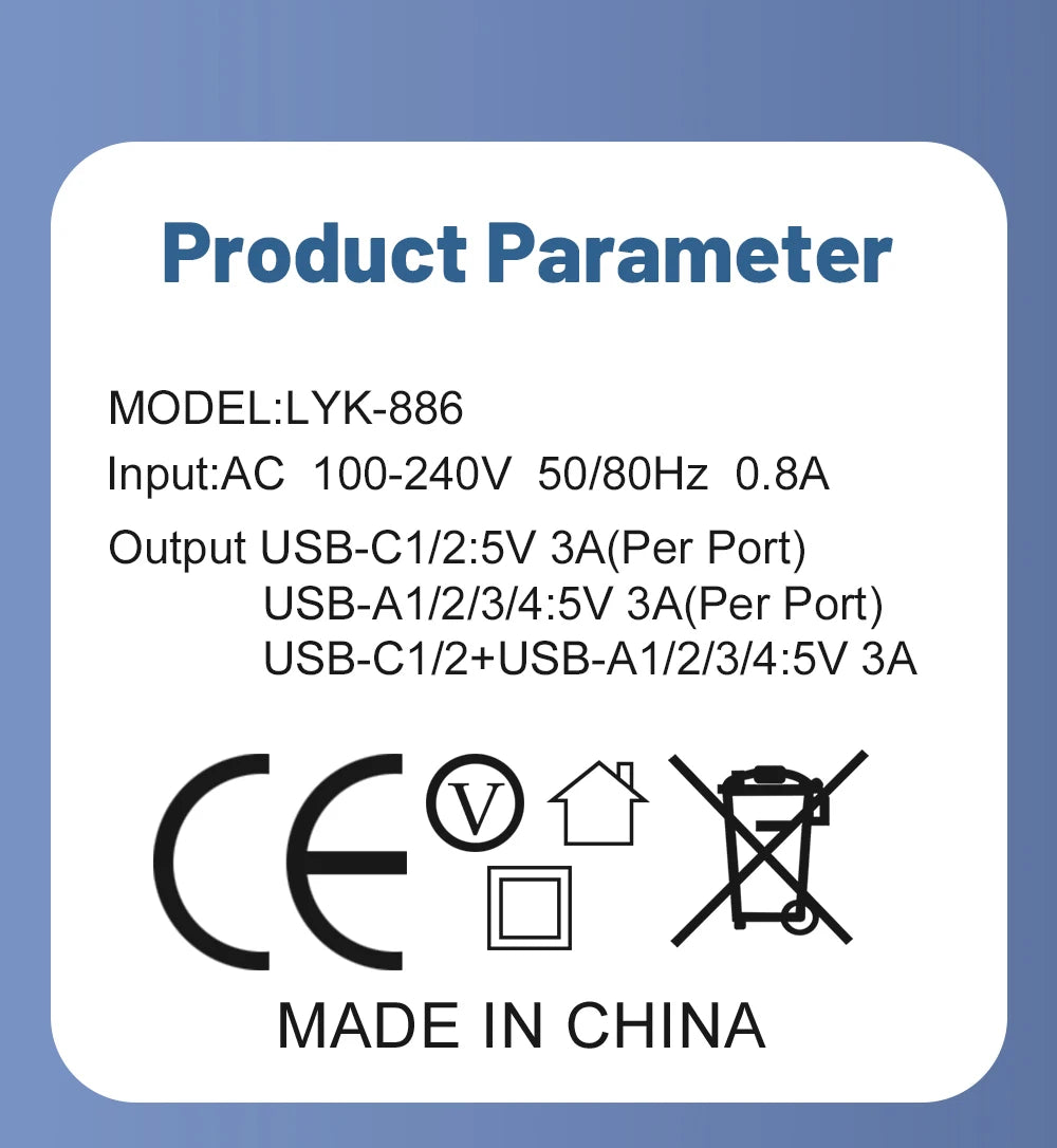 Cargador Pared Rápido USB-C 65W (6 Puertos) para iPhone 14/15 Pro Max, Samsung S23, Xiaomi 14