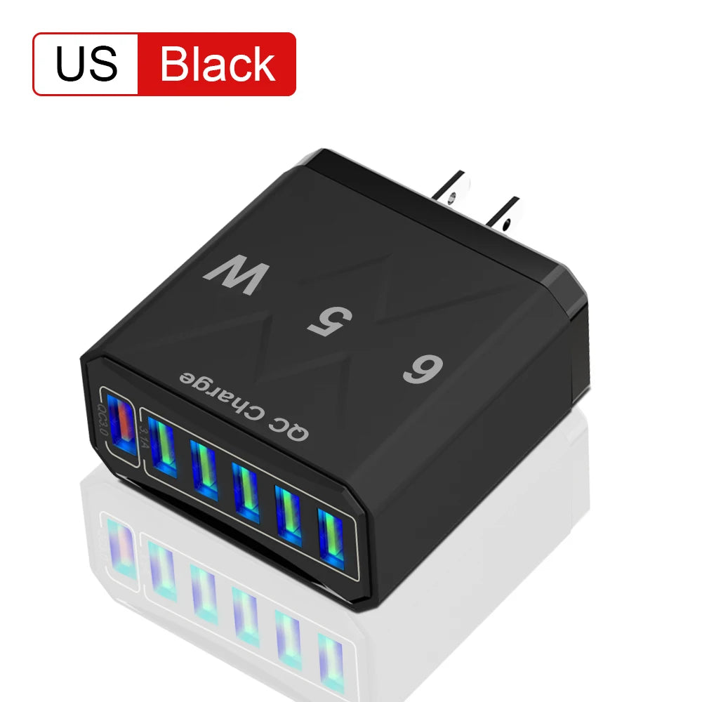 Adaptador Cargador Viaje Rápido USB 3.1A 6 en 1 Multi-Enchufe QC3.0 para iPhone 12/13/Samsung/Xiaomi