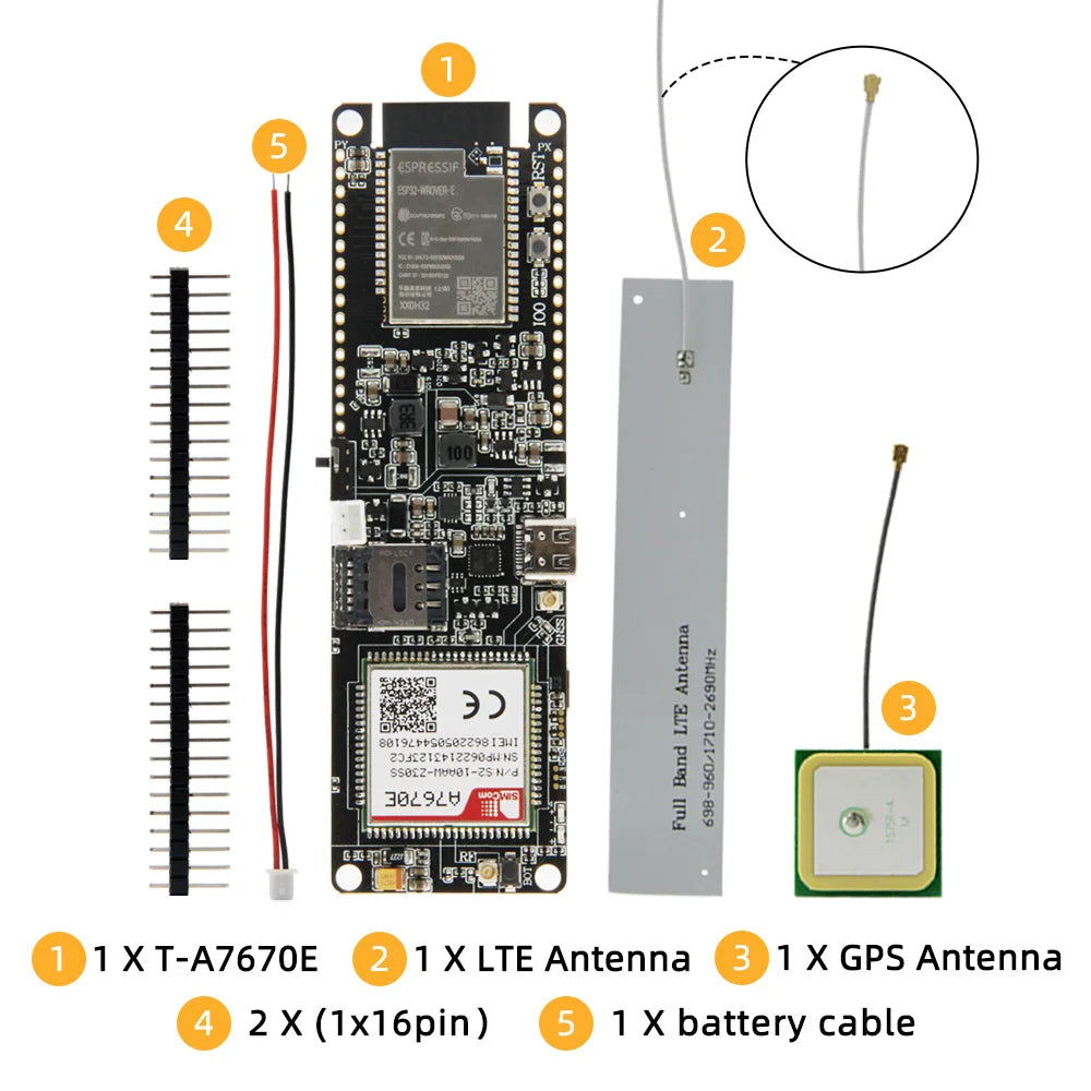 Placa Desarrollo LILYGO TTGO T-A7670G/E/SA R2 (4G LTE CAT1, ESP32) con Módulo SIM, Soporte GSM/GPRS/EDGE, TF Card