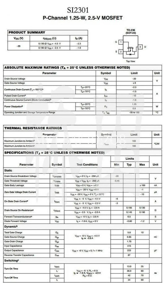 MOSFET Canal-P SI2301 (A1SHB) SMD SOT-23 20V 2.3A - Lote 20 Piezas