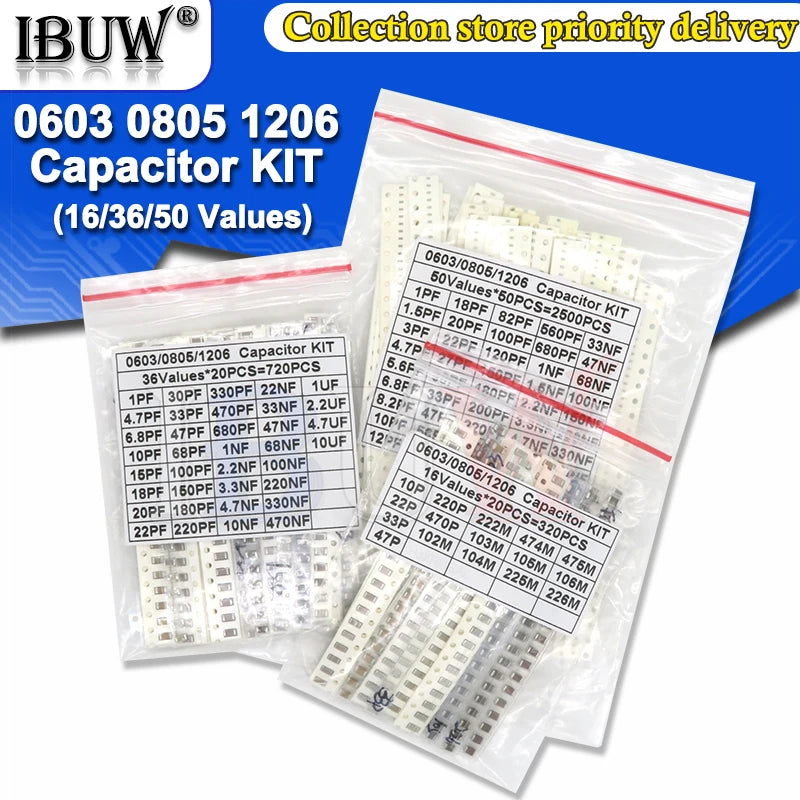 Kit Surtido Capacitor SMD (0603/0805/1206, 1pF-1uF, Varios Formatos: 16/36/50 Valores, 320/720/2500 Piezas)