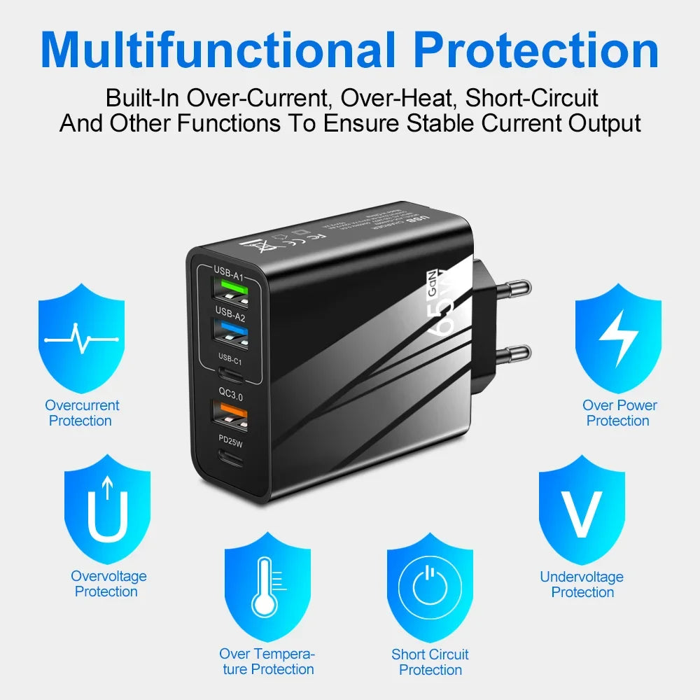 Cargador Pared Rápido 65W (PD + 3 USB-A 3.1A) Adaptador Viaje Multi-Interfaz Enchufe EU/US para Samsung/Xiaomi/iPhone