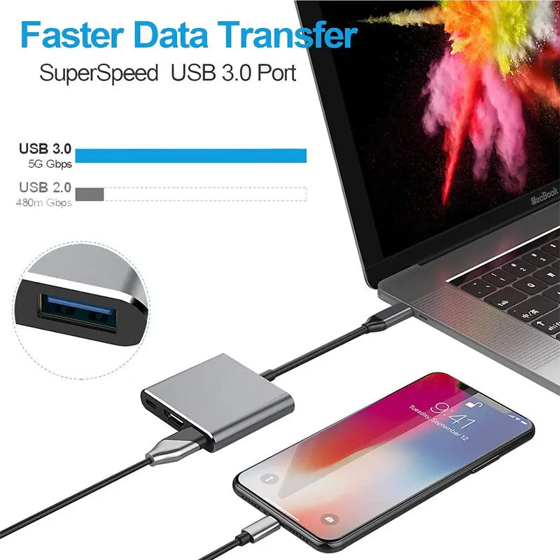 Hub USB C 3 en 1 (Tipo C 3.0 a HDMI 4K, PD Carga Rápida) Adaptador Splitter para MacBook/Teléfono/Computadora