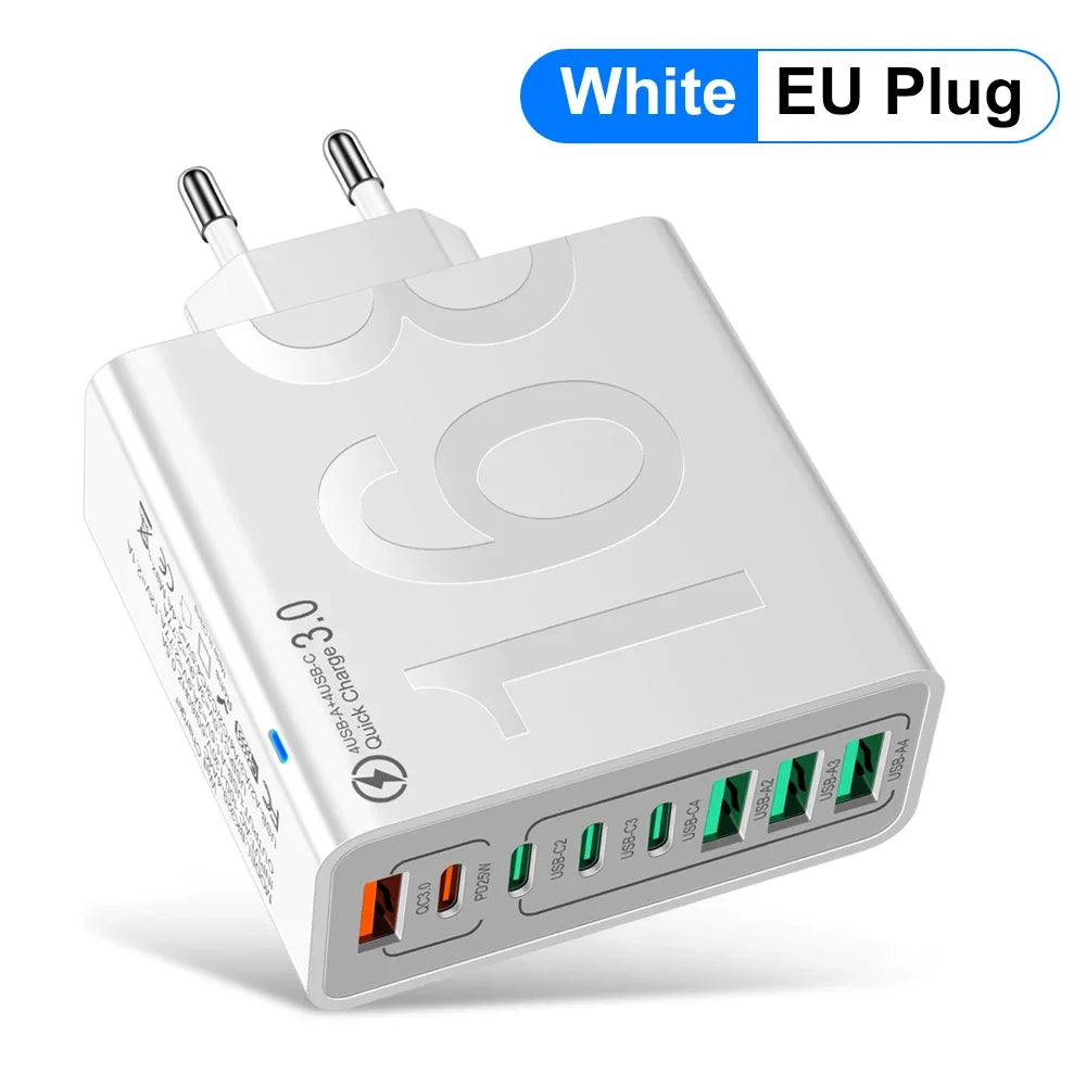 Cargador Pared USB Tipo C Múltiple 8 Puertos Alta Velocidad Carga Rápida PD para iPhone 15/Xiaomi/Huawei