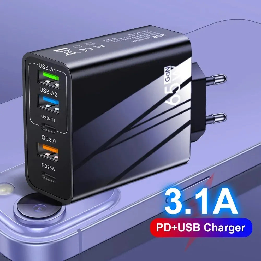 Cargador Pared Rápido 65W (PD + 3 USB-A 3.1A) Adaptador Viaje Multi-Interfaz Enchufe EU/US para Samsung/Xiaomi/iPhone