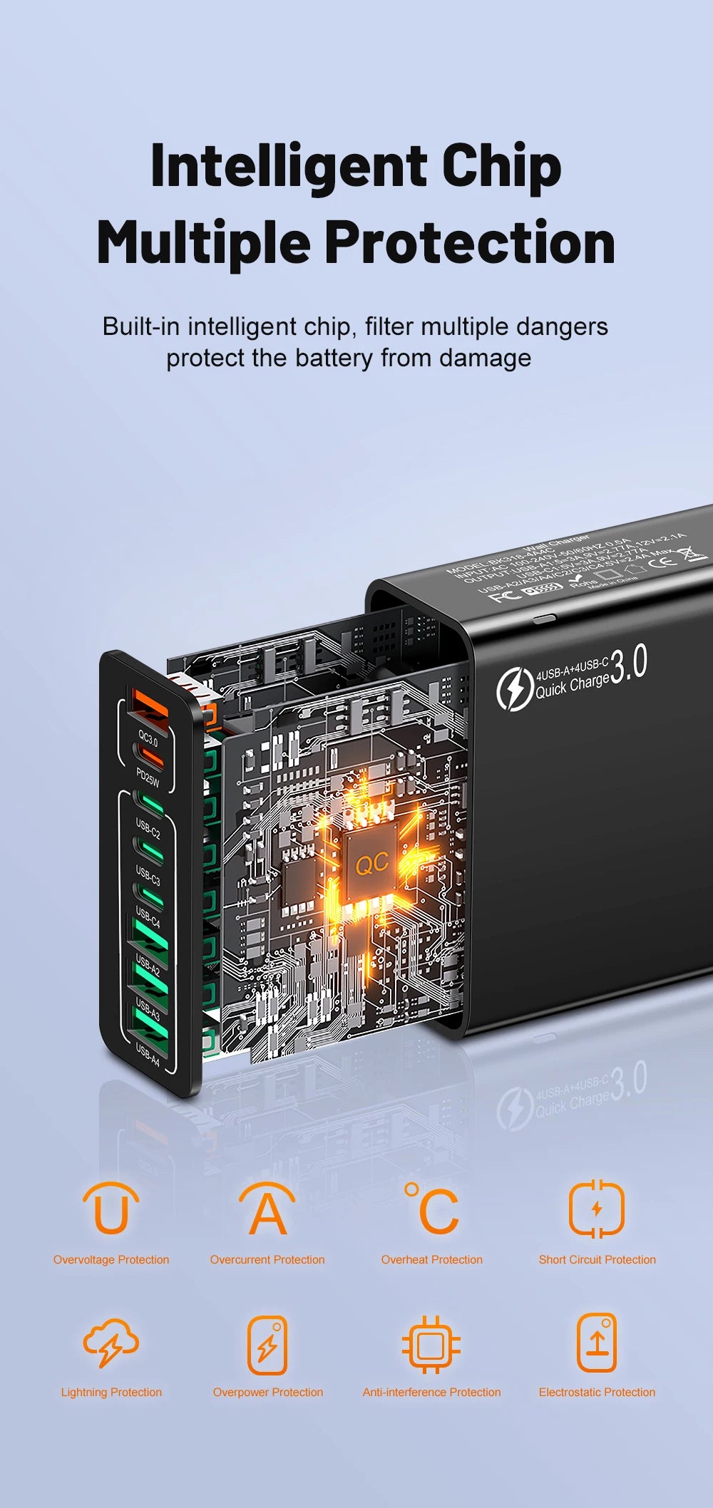 Cargador Pared USB 8 Puertos (Total 65W) Carga Rápida (PD Tipo C, QC 3.0) Adaptador para iPhone 14/15 Pro Max/Xiaomi/Samsung