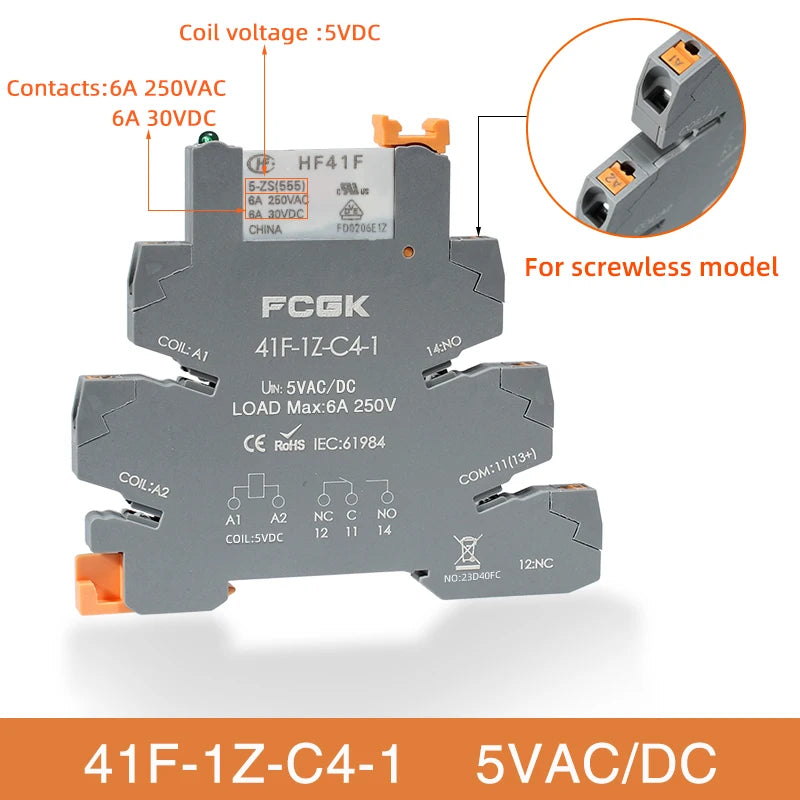 Módulo Relé Delgado DIN Rail 41F-1Z-C4-1 PCB con Socket Holder 12V/24V AC/DC / 220V AC 6.2mm