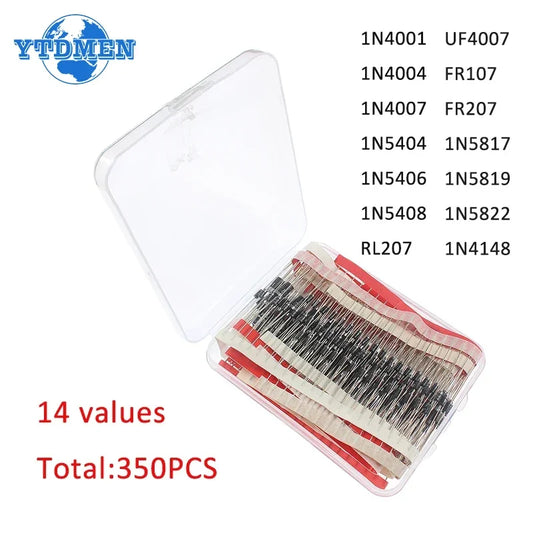 Kit Surtido Diodos THT (Rectificador/Schottky) - 14 Valores (1N4148, 1N400x, 1N5xxx, FRxxx) (Total 350 Piezas)