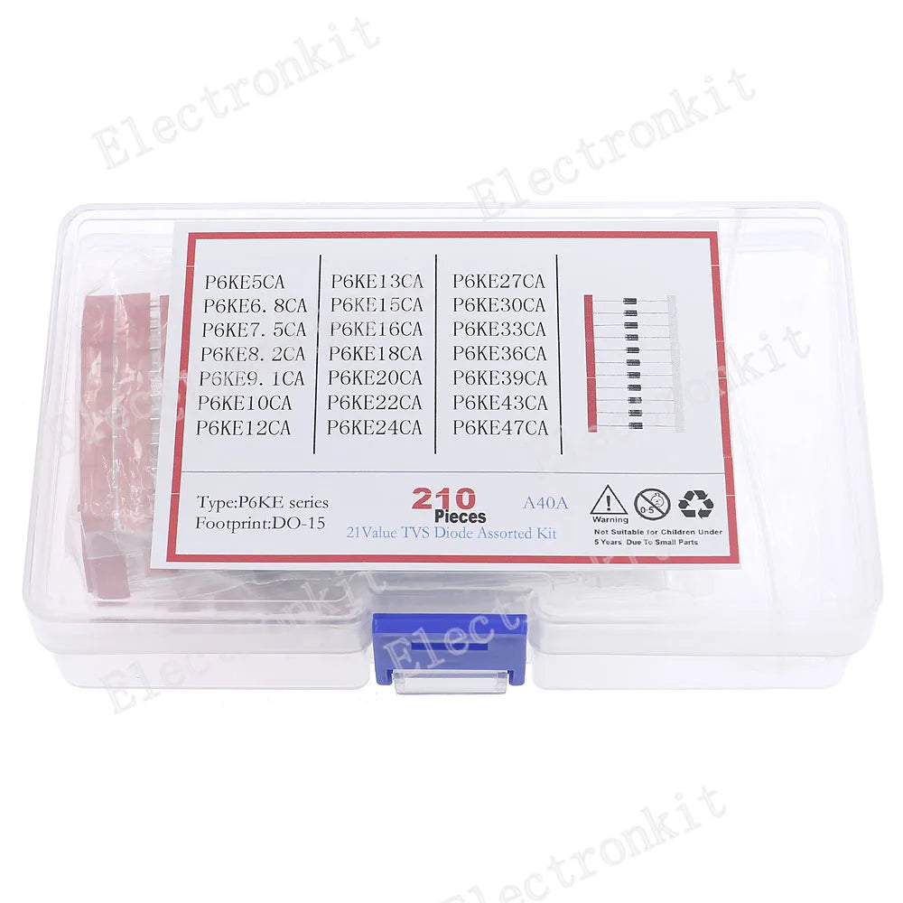 Kit Surtido Diodos TVS P6KE DO-15 - 21 Valores (5A a 47A) (Total 210 Piezas)