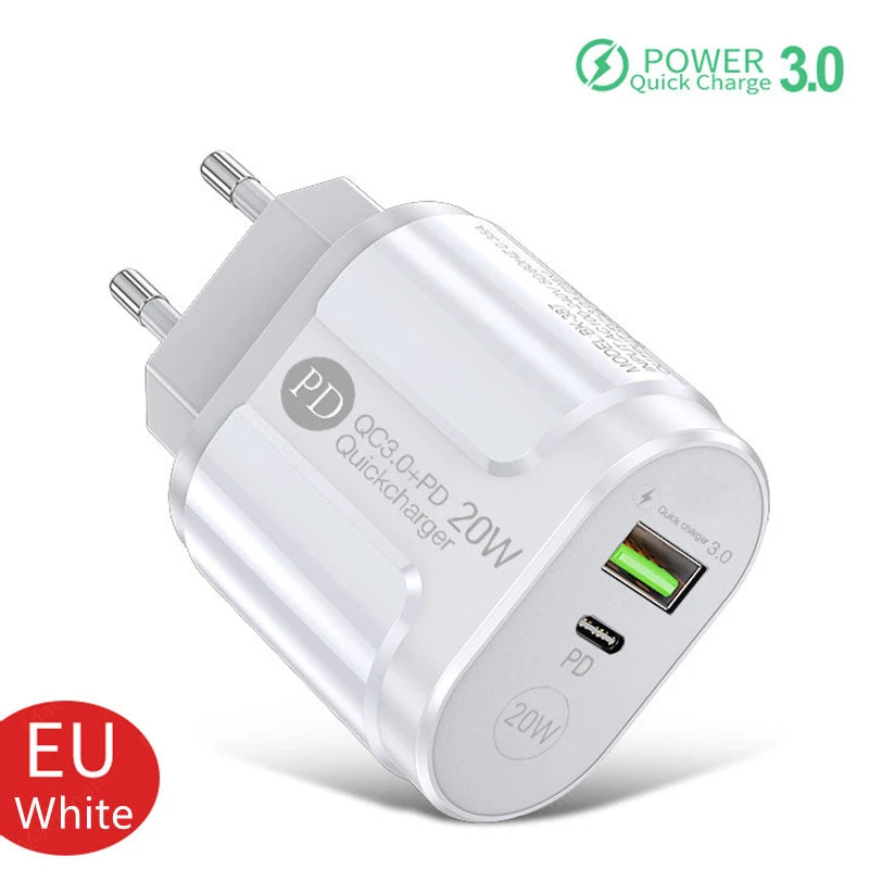 Cargador USB Doble Puerto (Quick Charge 3.0, PD 20W Tipo C) Adaptador Carga Rápida para iPhone 13/12Pro/Huawei/Xiaomi/Samsung