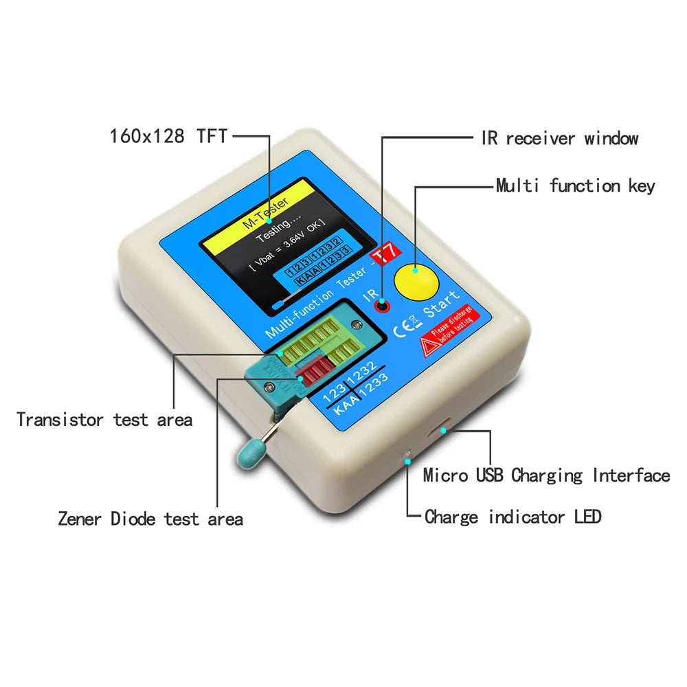 Tester Transistor LCR Multifunción (TC1/T7) - Pantalla TFT, Medidor Diodo, Triodo, Capacitor, Resistencia (MOSFET/NPN/PNP/TRIAC)
