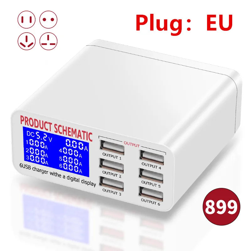 Hub Cargador USB 6 Puertos Carga Rápida con Pantalla LED (Voltaje/Corriente)