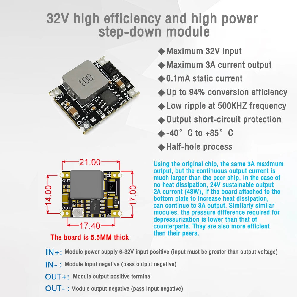 Mini Módulo Convertidor Buck DC-DC 3A 6V-40V a 5V/9V/12V/24V Step-Down Regulador Voltaje PCB