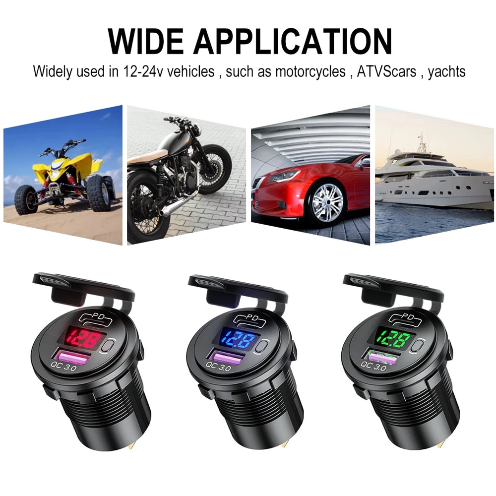 Cargador USB Auto/Camión PD 60W + QC 3.0 con Switch LED Voltímetro 12V/24V Carga Rápida