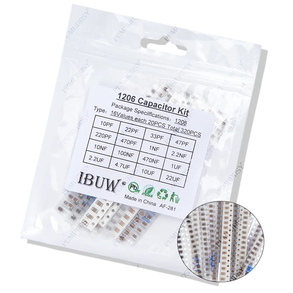 Kit Surtido Capacitor SMD (0603/0805/1206, 1pF-1uF, Varios Formatos: 16/36/50 Valores, 320/720/2500 Piezas)