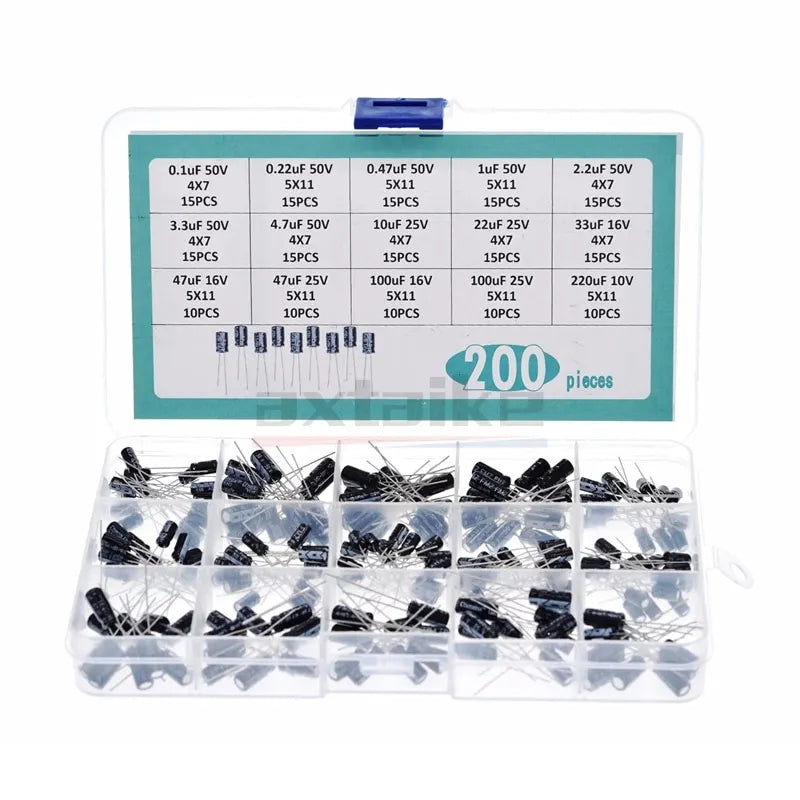 Kit Surtido Capacitor Electrolítico Aluminio (0.1uF-1000uF, 16V/25V/50V) con Caja - Pack 120/200/500 Piezas