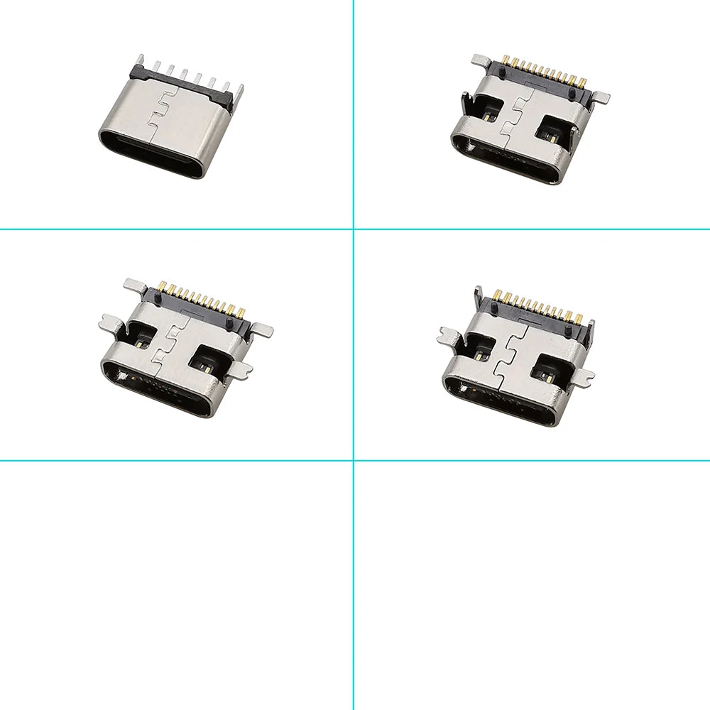 Conector Socket Carga USB Hembra Tipo C (6 Pines/16 Pines) para Soldadura PCB DIY Reparación Adaptador Jack (Caja 100 Unidades)