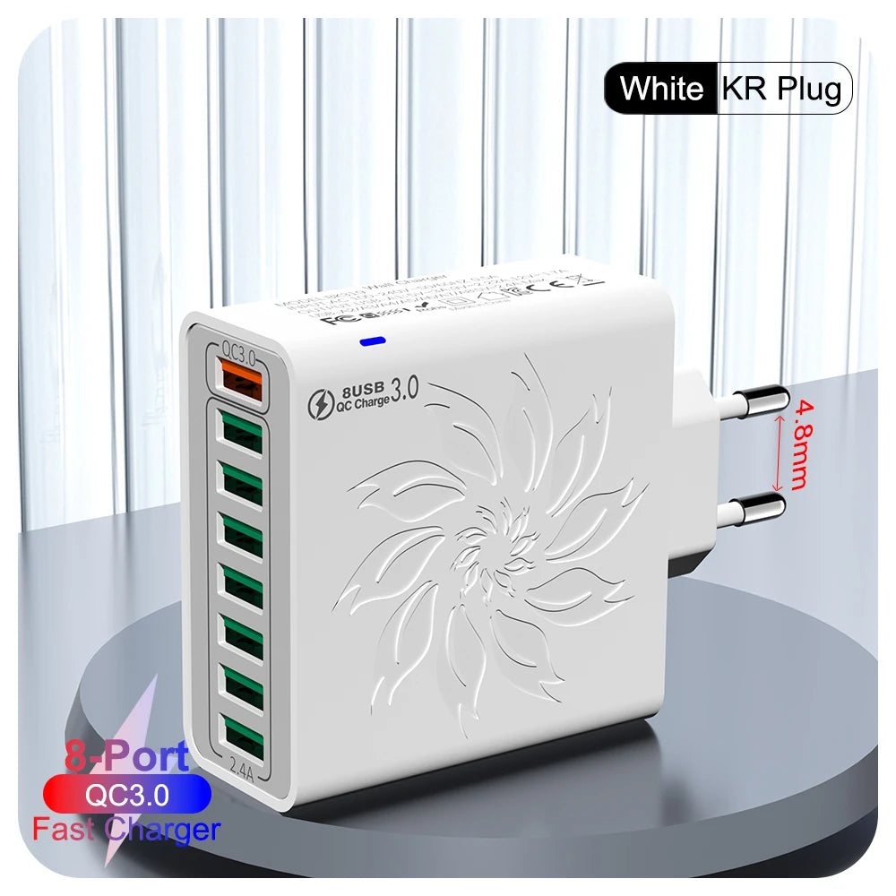Cargador Rápido USB 8 Puertos QC5.0 120W Adaptador Corriente Enchufe EU/US/KR para iPhone 13/14/15/Xiaomi/Samsung