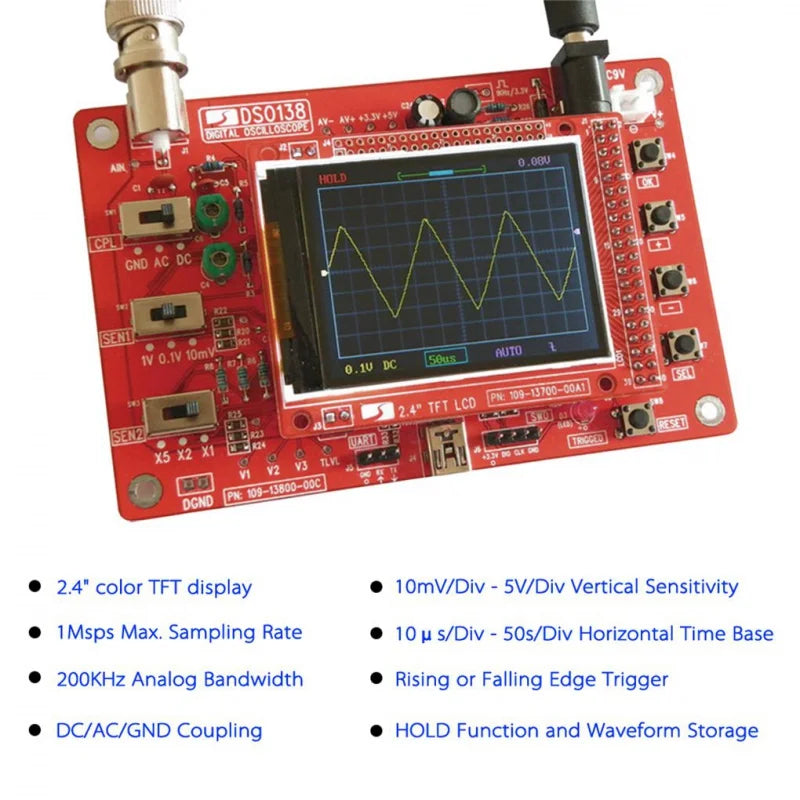 Kit Osciloscopio Digital DIY DSO138 (Código Abierto) con Sonda Cocodrilo y Case Acrílico + Generador XR2206