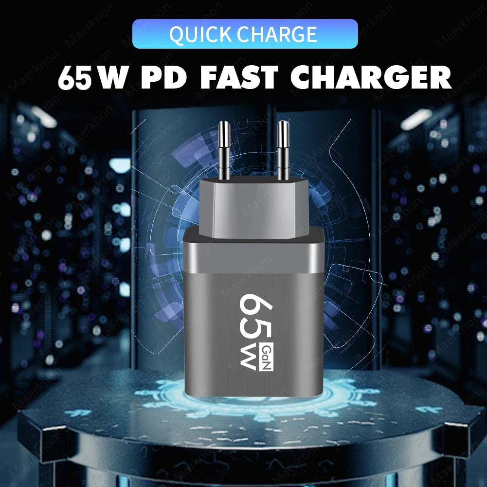 Cargador Pared USB PD GaN 65W Doble Puerto (Tipo C + USB QC3.0) Adaptador Carga Rápida Móvil para iPhone/Samsung/Xiaomi