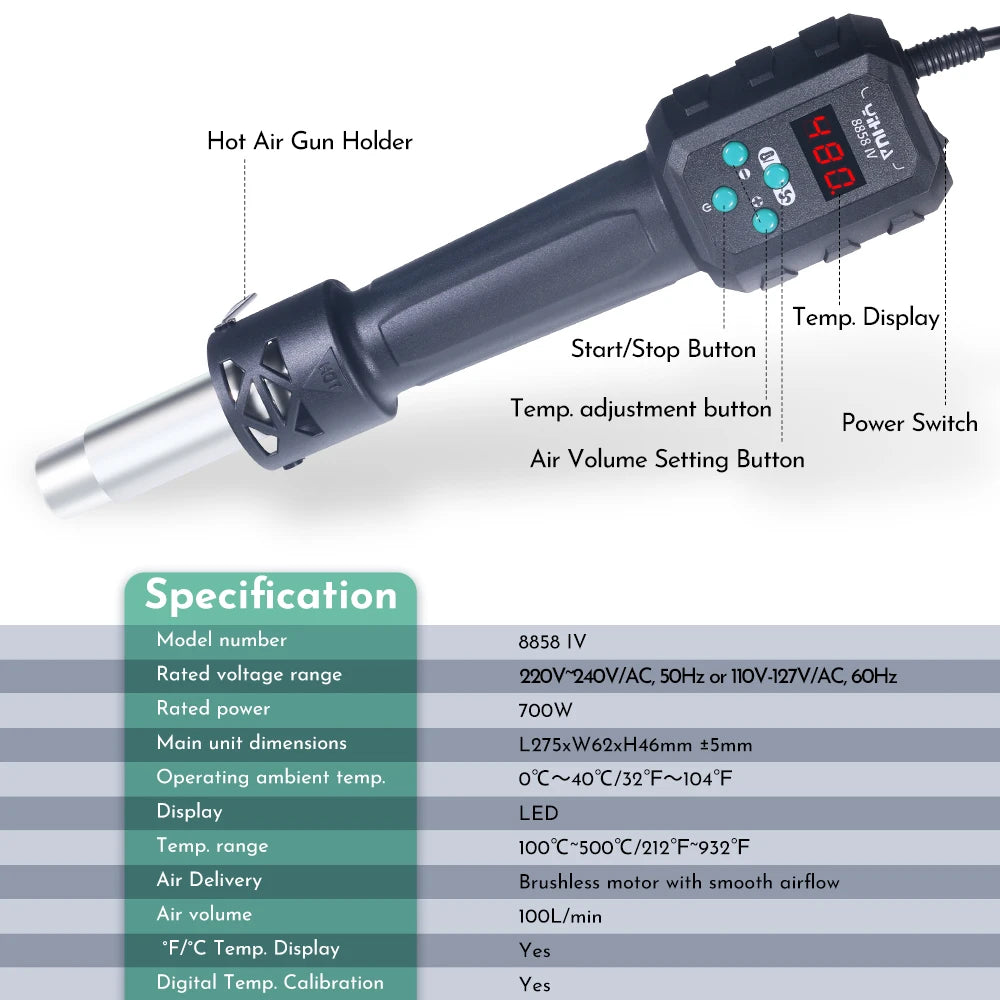 YIHUA Micro Hot Air Gun C/F Temp Adjusted 8858IV 700W Soldering Rework Welding Station LCD Digital Heat Gun BGA IC Solder Tools