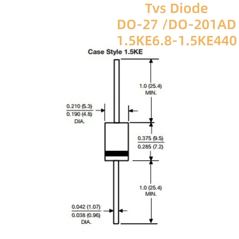 Diodo TVS 1500W DO-201AD - Varios Voltajes (1.5KE62A a 1.5KE160A) - Lote 20 Piezas