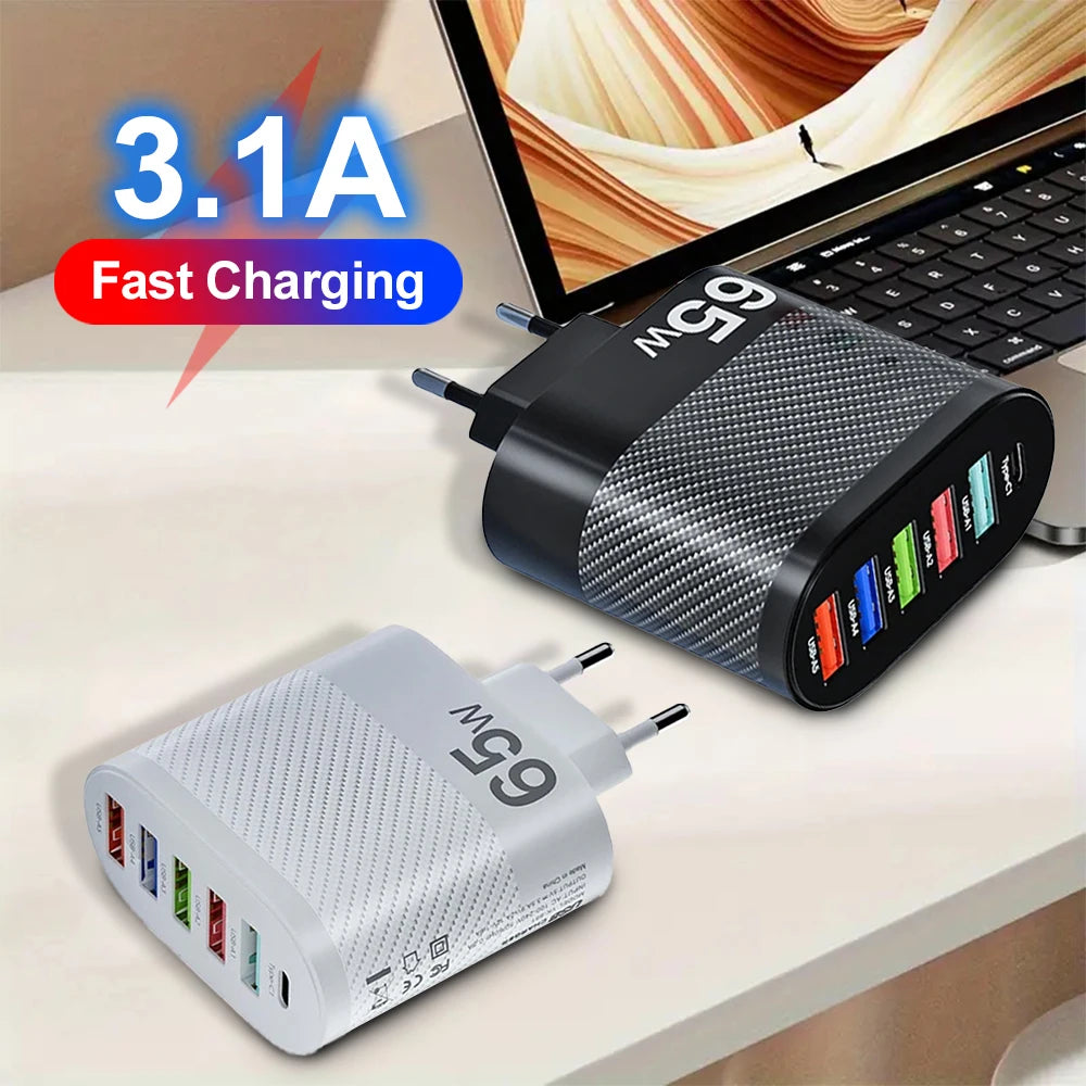 Cargador Pared USB 5 Puertos 3.1A Adaptador Carga PD QC 3.0 para Xiaomi/iPhone 13/Samsung