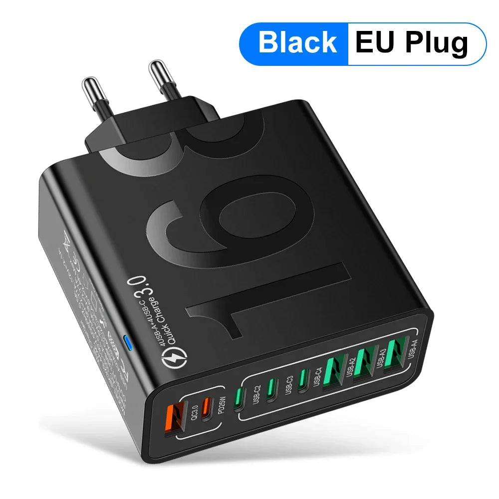 Cargador Pared USB Tipo C Múltiple 8 Puertos Alta Velocidad Carga Rápida PD para iPhone 15/Xiaomi/Huawei